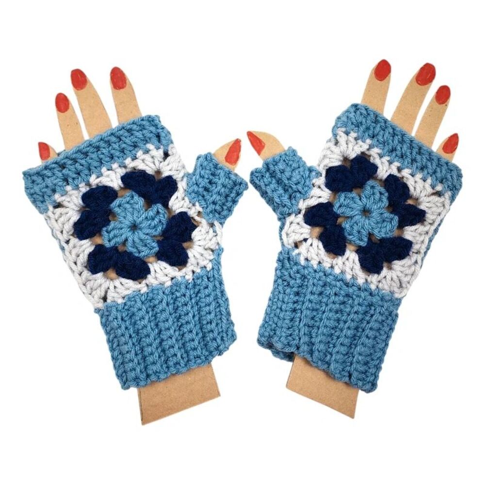 Brand New handmade crochet fingerless gloves granny square blue light grey